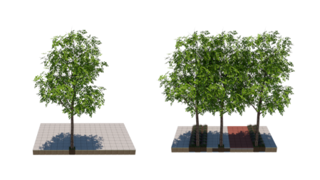 Twee scenarios van een uitsnede het schetsontwerp van het Stadhuisplein in Eindhoven. Volgens de Quickscan verdubbelt de verdamping door vegeratie, wat een geschatte vermindering van het stedelijk hitte-eiland effect geeft van 3,5 graden (TKI SIGS).