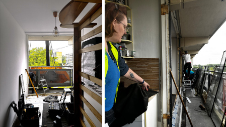 Links een appartement waar werkzaamheden plaatsvinden. Rechts de galerij met een klusjesman.